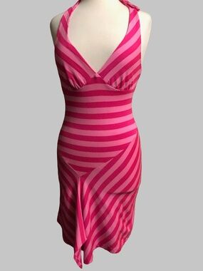 VTG Y2K Ruby Pink Striped Halter Handkerchief Dress Size M